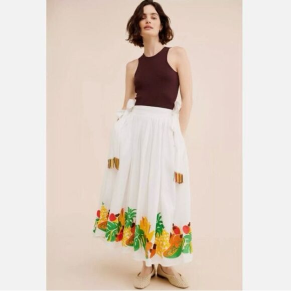 NEW FARM Rio Embroidered Fruits Side Bow Maxi Skirt Beaded Tassels White Size XL - Picture 4 of 16